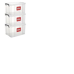 Cetomo 35L*3 Boîtes de rangement, boîte empilable avec couvercles, contenant robuste avec coins renforcés, côtés verticaux et verrouillage à pression, durable, en plastique, transparent,35L - lot de 3