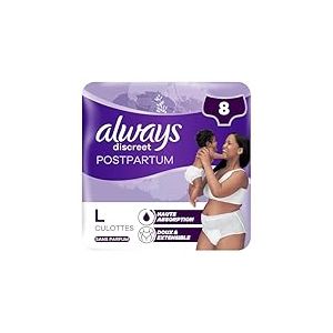 Always Discreet Postpartum Culottes Jetables, Taille L, Très Absorbante et Confortable, 8 Culottes