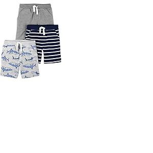 Simple Joys by Carter's Multi-Pack Knit Shorts, Bleu Marine Rayures/Gris/Gris Clair Chiné Requins, 12 Mois (Lot de 3) Bébé garçon