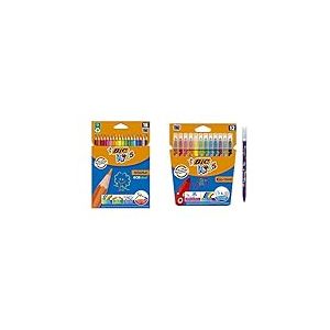 BIC Kids Evolution ECOlutions Crayons de Couleur - Coloris Assortis, Etui Carton de 18 Kids Kid Couleur Feutres de Coloriage à Pointe Moyenne - Couleurs Assorties, Etui Carton de 10+2