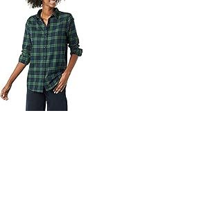 Amazon Essentials Chemise légère en Flanelle à Carreaux à Manches Longues de Coupe Classique pour Femme, Motif Carreau Vert foncé Bleu Marine, Taille XXL