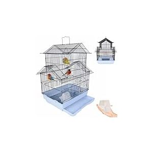 BAKAJI Cage de voli&egrave;re pour Oiseaux en Forme de Maison, perroquets ins&eacute;parables, perruches, Oiseaux avec Chariot Coulissant en m&eacute;tal et balan&ccedil;oires en Bois, Cage Maison avec perchoirs et mangeoires