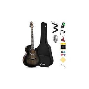 Donner Guitare Acoustique 4/4 Jumbo Guitare Folk Set Adultes Débutant avec Pickup Sac Tuner Sangle Cordes Capo (Noir)