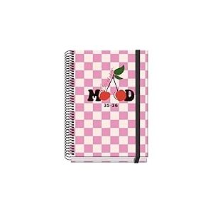 Dohe - Agenda Scolaire 2025 2026 - Jour Page, Taille A5 (15x21 cm), Espagnol et Anglais, Septembre à Juin, Reliure Spirale et Gomme, Couverture Rigide, 4 Pages de Stickers - PRIME Cherry