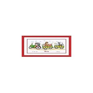 Vervaco Point De Croix Compté Kit DIY Cadeau Bebe Naissance Personnalisé TRACTEUR AVEC DES ANIMAUX Tableau Complet Kit De Broderie Loisir Créatif Maison Décoration ca. 36 x 19 cm Cross Stitch