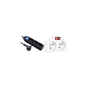 Electraline 32050 Bloc Multiprises 3 prises, interrupteur et fiche Plate - 1,5m, noir & 531192 Adapteur Fiche Multiprise Biplite avec Interrupteur 2 Prise 16A, Blanc