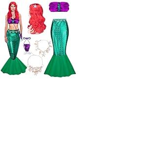 Wehhbtye Costume de sir&egrave;ne 7 pi&egrave;ces pour femme adulte, jupe tube sir&egrave;ne avec perruque boucl&eacute;e et sac &agrave; main &agrave; paillettes, collier de coquillage, bracelet, cha&icirc;ne de taille pour Halloween, cosplay