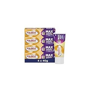 POLIDENT - Power Max - Cr&egrave;me Adh&eacute;sive pour Proth&egrave;se Dentaire avec Embout de Pr&eacute;cision - Fixation 12 heures + Protection - Cr&eacute;e une Barri&egrave;re Contre les Particulaires Alimentaires - Lot 4 x 40 g