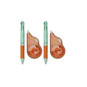 Osama - Correcteur Blanc &agrave; Ruban, 20 M + Stylo 4 Couleur Bille, Pointe Fine 1 mm - Kit pour Papeterie Bureau et Fourniture Scolaire - Set Effaceur et Stylo Couleur pour &Eacute;crire sans Erreur, Vert/Orange