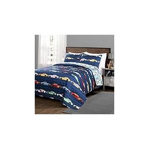 Lush Decor Parure de lit r&eacute;versible 2 pi&egrave;ces pour Enfant Motif Voiture de Course Bleu Marine Lit jumeau