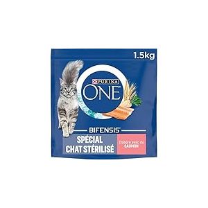 PURINA ONE | BIFENSIS | Sp&eacute;cial Chat Adulte St&eacute;rilis&eacute; | Renforce le syst&egrave;me immunitaire, am&eacute;liore l'&eacute;quilibre du microbiome et aide &agrave; maintenir un syst&egrave;me urinaire sain | Saumon | Sac | Lot de 6x1,5Kg