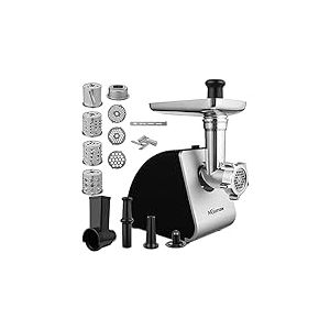 Hachoir à viande électrique 2000 W, robot culinaire multifonction, trancheur de légumes, machine à saucisses avec 3 disques perforés, 4 lames coniques, poussoir à saucisses et accessoire pour pâtisser