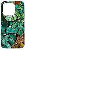 Coque de téléphone Motif Feuilles de Monstera Style vitrail Art déco Vert Coque pour iPhone 15 Pro