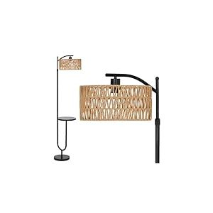 LuminexDesigns Lampadaire Vintage avec Étagères – Lampe sur Pied de Salon Noir Métal en Rotin Boho, Hauteur réglable 152 à 176cm, Douille E27, Câble de 2m avec interrupteur au pied, pour et Chambre