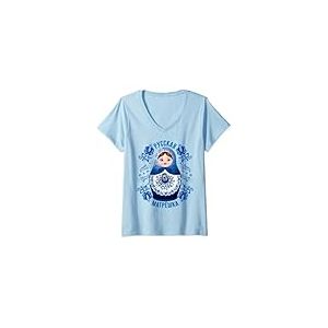 Femme Matriochka Poupée Russe Gjel Gzhel Souvenir Russe T-Shirt avec Col en V