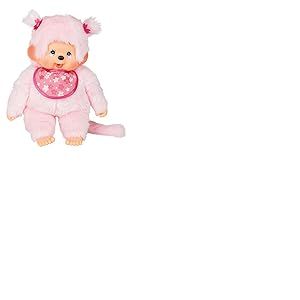 Sekiguchi Monchhichi 242405 Peluche Originale pour Fille, en Peluche Rose, avec Bavoir et Tresses avec Fleurs, env. 45 cm
