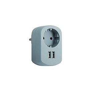 SIMON - Adaptateur Combi, Adaptateur de Voyage avec Prise Schuko 16A et 2 Prises USB, Adaptateur Secteur de Charge Mural, Voleur USB, Couleur Gris Cendre