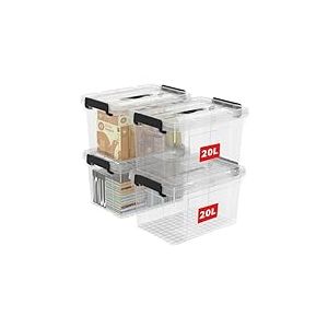 Cetomo 20L*4 Boîte de Rangement, Bac de rangement avec Poignée, Plastique Organisateur avec Couvercle, Empilable, Transportable, pour Vêtements, Bureau, Chambre, Dortoirs, Transparent, 20L - Lot de 4