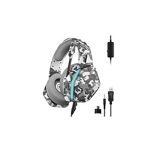 Oniverse Casque Gaming PS5 PS4 SWITCH 2 XBOX PC MAC avec Micro réglable, LED, Haut-parleurs 50mm, Coussinets tissu respirant - Casque gamer stéréo filaire Nebula (Urban Camo/Gris)