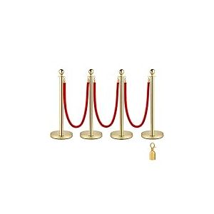 Frantools 4 Poteaux de Guidage Poteaux de Séparation d'Or avec 3 Cordes en Velours Rouges 1,5 m, 4 PCS Poteaux de Contrôle des Foules en Acier Inoxydable
