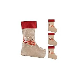 Idena 90477 - Chaussettes de No&euml;l env. 31 x 46 cm, 4 pi&egrave;ces, Chaussettes en Tissu Rouge et Brun avec Le Motif du P&egrave;re No&euml;l dans Une Luge de Rennes et l'inscription Joyeux No&euml;l