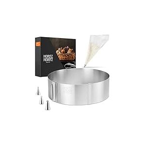 Moritz & Moritz Cadre &agrave; p&acirc;tisserie rond en acier inoxydable - reglable en continu &Oslash; 16cm &agrave; 30cm - Cercle &agrave; tarte r&eacute;glable pour la p&acirc;tisserie et la d&eacute;coration - Avec 10 poches &agrave; douille et 3 embouts