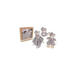 DODO D'AMOUR - Coffret Cadeau Doudou, Hochet Et Doudou de Dentition - Ours - 053061 - Gris - Polaire - Cadeau Naissance - Peluche - Bébé - Lavable en Machine - Design Français - À Partir de 0 mois