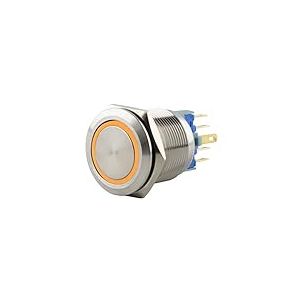 SeKi Bouton poussoir en acier inoxydable - Diamètre : 22 mm - Forme de tête plate - Anneau LED coloré - Œillets à souder jaunes - Connecteur 0,5 x 2,8 mm - Bouton de sonnette
