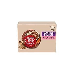 PURINA ONE Mini/Small <10kg Sensitive/Delicate, Effilés au Saumon, au Riz et aux Carottes en sauce pour Chiens Adultes de Petite Taille | Digestion Sensible Sachets Repas 10x85g | Lot de 6