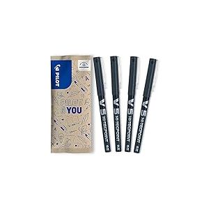 PILOT - Lot de 4 V5 - Stylos Roller à Encre Liquide à Pointe Fine pour une Écriture Fluide et Précise - Séchage rapide, ne fuit pas - Noir - Pointe Fine (0,5mm)