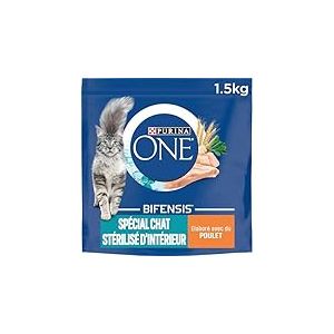 PURINA ONE | BIFENSIS | Sp&eacute;cial Chat St&eacute;rilis&eacute; d'Int&eacute;rieur | Croquettes |Aide &agrave; contr&ocirc;ler le poids, maintenir un syst&egrave;me urinaire sain,et &eacute;liminer les poils de l'estomac| Poulet | Sac | Lot (6x1,5 kg)