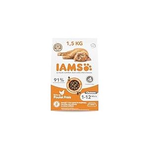 IAMS Vitality - Croquettes Super Premium Chatons - savoureuses complètes équilibrées - Favorise Croissance et Vitalité - Au poulet frais – Sans OGM colorant arôme artificiel - Sac refermable de 1,5 kg