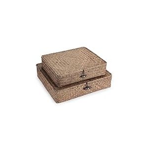 Hipiwe Lot de 2 bacs de rangement plats en osier tissé avec couvercle en jonc de mer naturel multi-usages pour étagère (café)