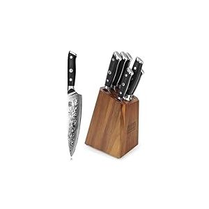 SHAN ZU Bloc de Couteaux de Cuisine Damas, 7 pièces Set de Couteaux de Cuisine Damas avec Aiguiseur, Couteau de Chef Acier Japonais, Manche G10 - PRO Series