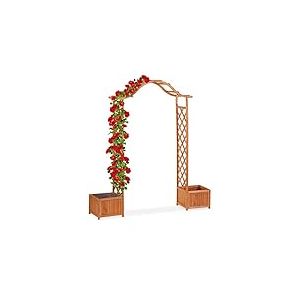 Relaxdays Jardinière pergola, Treillis Plante grimpante Bois 2 bacs à Fleurs, 209 x 181 x 60 cm, Orange