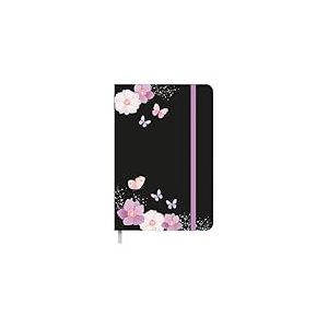 Idena 11169 - Agenda de poche 2025 format 9 x 14 cm, 1 semaine sur 1 page, agenda en noir avec motif de fleurs, &eacute;lastique, poche int&eacute;rieure et ruban de lecture