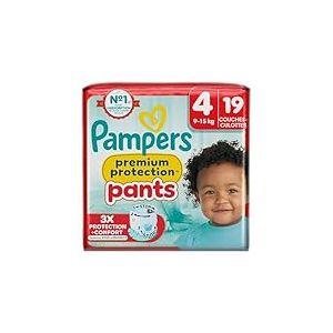 Pampers Premium Protection Pants Taille 4, 19 Couches-Culottes, 9kg-15kg, Avec un Maintien 360&deg; et des Barri&egrave;res Anti-fuites Douces 2 fois plus larges qu&rsquo;avant pour Confort et Protection