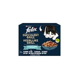 FELIX | SUCCULENT GRILL | Chat Adulte | Effilés en Sauce Tellement Irrésistible | Sélection de Poissons : au Saumon, Thon, Cabillaud, Carrelet | Sachet Fraïcheur | Lot de 6 x (12 x80 g)
