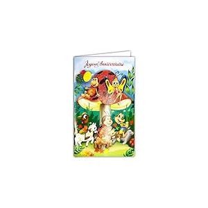 Afie 17-6029 Carte Porte-Billet avec Enveloppe Joyeux Anniversaire pour Enfants Illustration Champignon Manège Chevaux Phoque Otarie Insectes Coccinelles Papillons Fourmies - Fabriqué en Europe