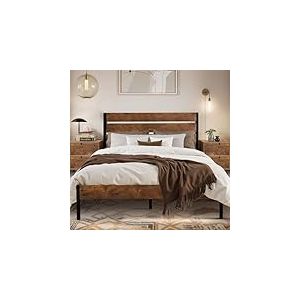 VECELO Cadre de Lit 140 x 190 cm avec T&ecirc;te de Lit en Bois, Support &agrave; Lattes en M&eacute;tal Solide, Rangement sous Le Lit, Assemblage Facile, Style Industriel, Marron