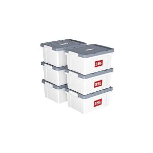 Cetomo 35L*6 Bo&icirc;te de Rangement, Bac de rangement avec Poign&eacute;e, Plastique Organisateur avec Couvercle, Empilable, Transportable, pour V&ecirc;tements, Bureau, Chambre, Dortoirs, Blanc, 35L - Lot de 6