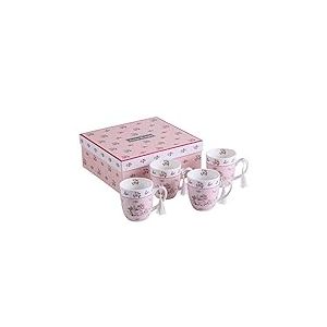 London Boutique Lot de 4 tasses en porcelaine fine, style shabby chic, vintage, r&eacute;tro, dans une bo&icirc;te cadeau, 330 ml (rose rose)