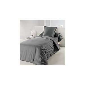 Pack 3 Pi&egrave;ces Douceur d'Int&eacute;rieur, Drap Housse 90 x 190 cm + Housse de Couette 140 x 200 cm + Taie d'oreiller 63 x 63 cm - 100% Coton - Lina Gris Souris