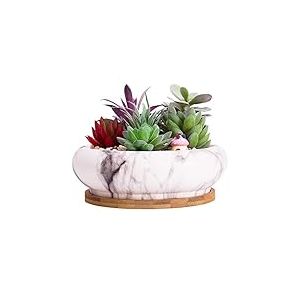 ARTKETTY Pot de Fleur, Grand Pot pour Succulentes Pot à Bonsaï en Marbre avec Plateau Pot en Céramique pour Plantes D'intérieur