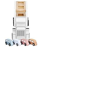 mamabrum Camion Transporteur de Voitures en Bois avec 4 Véhicules - Jouet Éducatif avec Pont ÉLévateur et Remorque - pour Enfants 3-5 Ans - Dimensions 33 x 13,5 x 8,5 cm