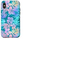 Hibiscus hawaïen en feuilles de palmier tropicales bleu turquoise Coque pour iPhone X/XS