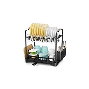 &Eacute;gouttoir Vaisselle 2 Niveaux avec Bac D'&Eacute;gouttage, &Eacute;gouttoir Grande Capacit&eacute; avec Supports pour Tasses, Ustensiles et Planches &Agrave; D&eacute;couper, &Eacute;gouttoir &Agrave; Vaisselle Peu Encombrant