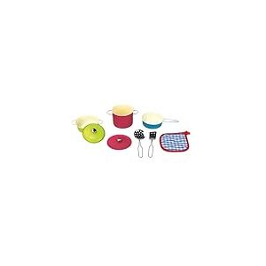 JugaToys - Set d'ustensiles de cuisine pour enfants en m&eacute;tal color&eacute; avec accessoires, ensemble d'imitation avec 8 pi&egrave;ces, casseroles, po&ecirc;les et ustensiles de cuisine pour gar&ccedil;ons et filles &agrave; partir de