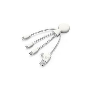Xoopar - Câble Multi USB 4 en 1 en Forme de Pieuvre - Chargeur Universel en Plastique Recyclé - Prise USB, USB-C, Lightning, Micro USB - Compatible avec tous les Smartphone - Mr Bio Blanc