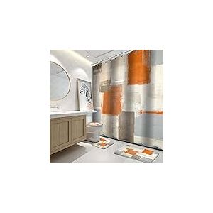 Lnond Ensemble de Rideaux de Douche 4 pièces avec Tapis, Peinture Moderne Orange et Blanc, Ensemble de Salle de Bain avec Rideau de Douche, Tapis et Accessoires